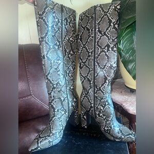 Gray Snakeprint Knee-High Boots